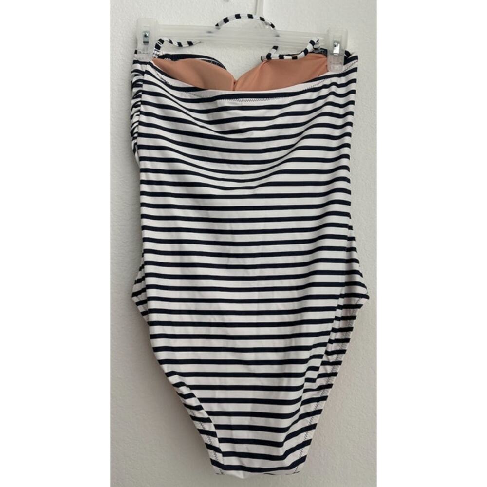 NWOT J.Crew Ruched Bandeau One-Piece Navy Striped Swimsuit Size 8 - Picture 4 of 6